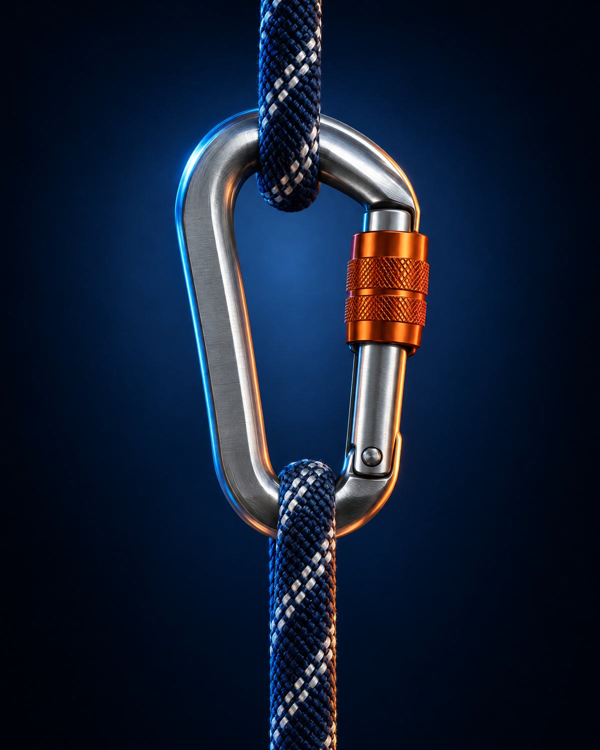 A silver locking carabiner with an orange locking sleeve, loaded between two taut climbing ropes